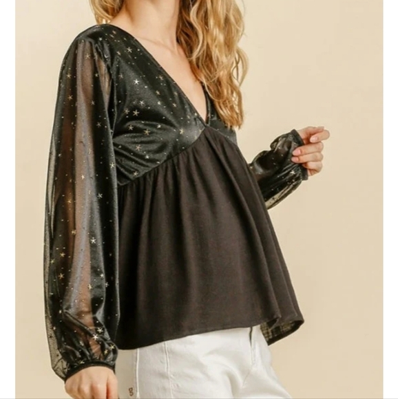 UMGEE Peasant Blouse Ballon Sheer Sleeve Plunge Neck Casual Top Gold Accent Sz M - Picture 7 of 12